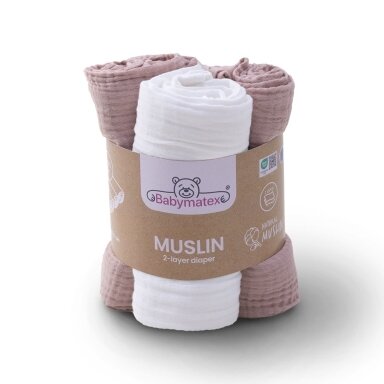 Vystyklai 2-jų sluoksnių BabyMatex MUSLIN, 70x80-3 vnt, Dusty Pink