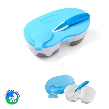 Dviejų skyrių lėkštė su šaukštu BabyOno 1067 blue Dviejų skyrių lėkštė su šaukštu BabyOno 1067 blue