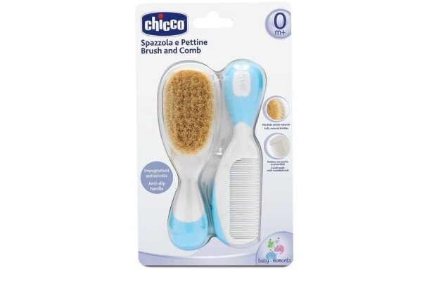 Brush and Comb with Soft Natural Bristles Chicco Blue