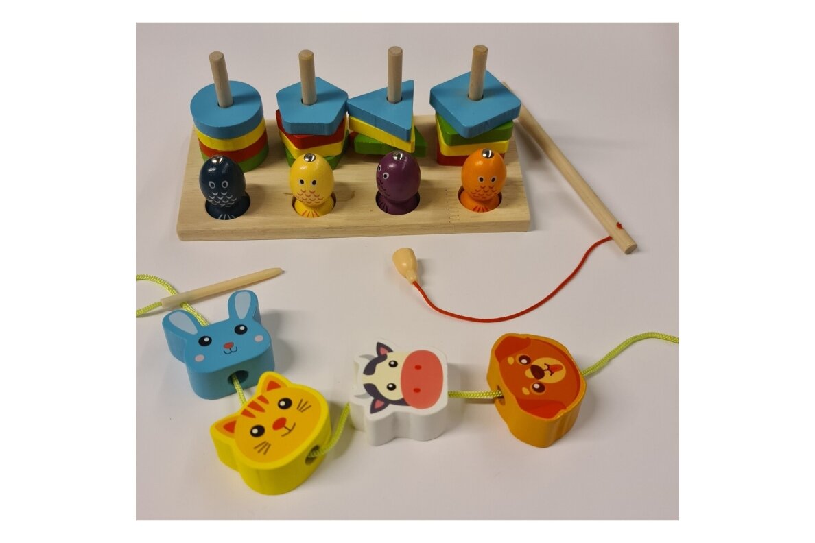 Wooden 3-in-1 Educational Toy – Shape Sorter, Fishing & Lacing 1